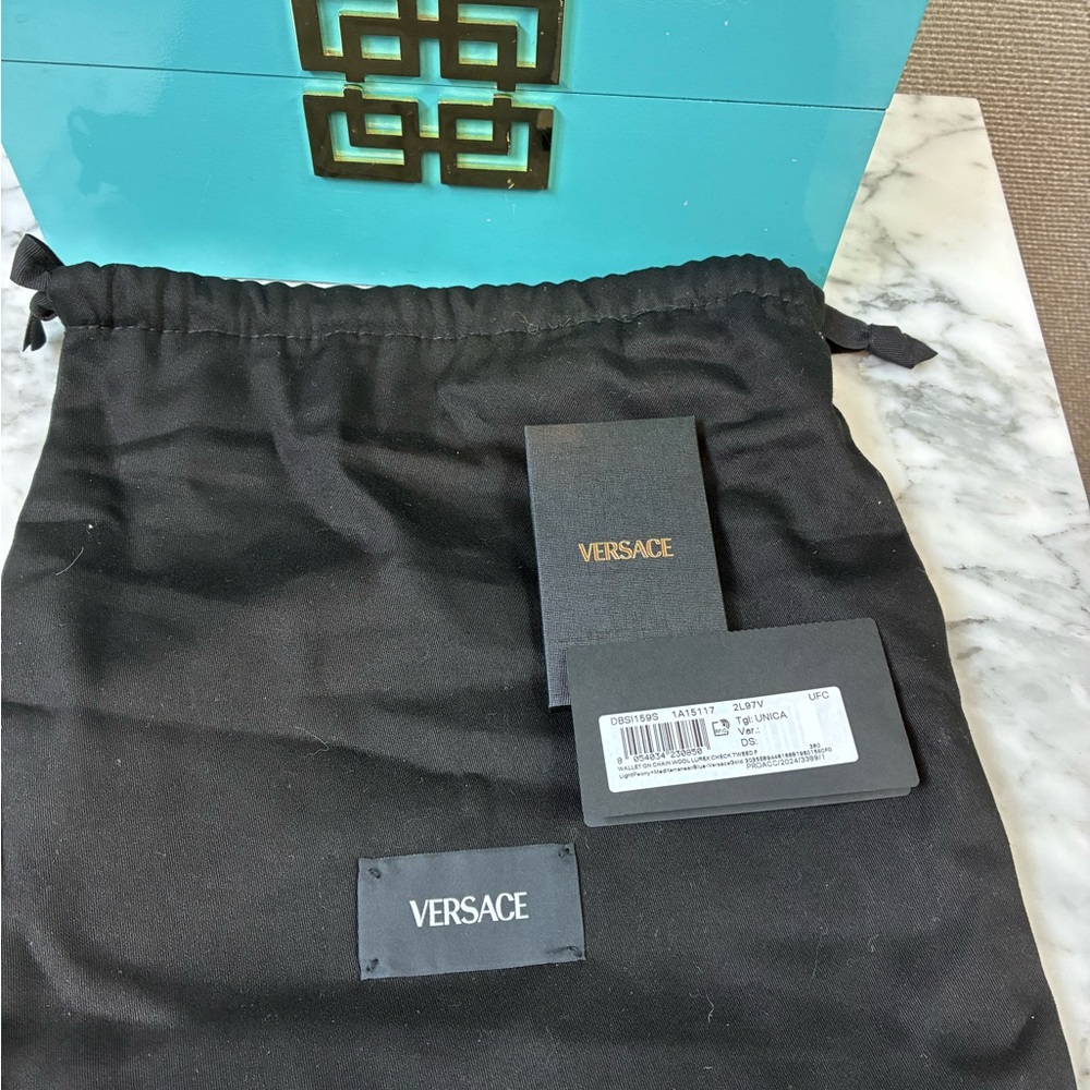 NWT Authentic Versace Pink Purple Blue Wool Tweed Checkered WOC Wallet On Chain - Picture 11 of 11